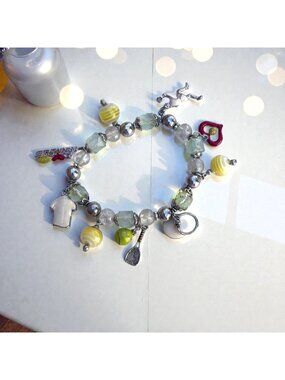 Tennis-Themed Charm Bracelet With Beaded Accents Yellow & Red Details Adjustable